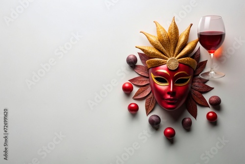 A wine glass embraced by a carnival mask and carnival elements, viewed from above, top view, flat lay