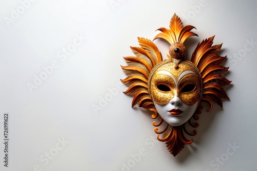 A wine glass embraced by a carnival mask and carnival elements, viewed from above, top view, flat lay