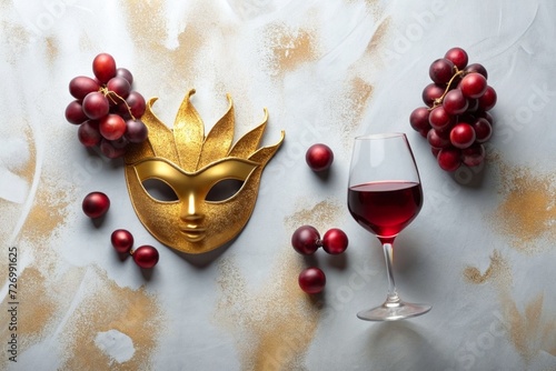 A wine glass embraced by a carnival mask and carnival elements, viewed from above, top view, flat lay