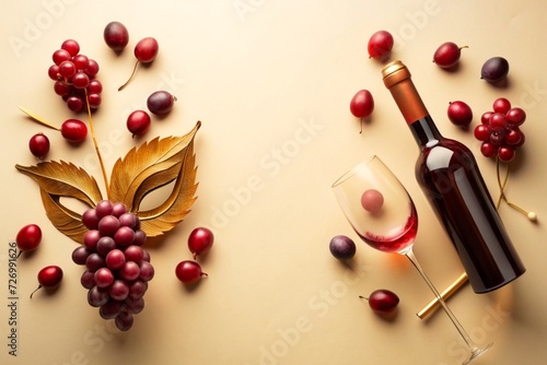 A wine glass embraced by a carnival mask and carnival elements, viewed from above, top view, flat lay