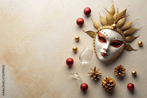 A wine glass embraced by a carnival mask and carnival elements, viewed from above, top view, flat lay