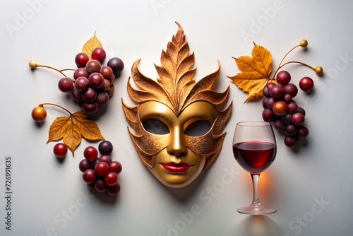 A wine glass embraced by a carnival mask and carnival elements, viewed from above, top view, flat lay