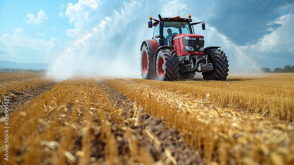 Fototapeta premium cultivating tractor sprinkling a field,