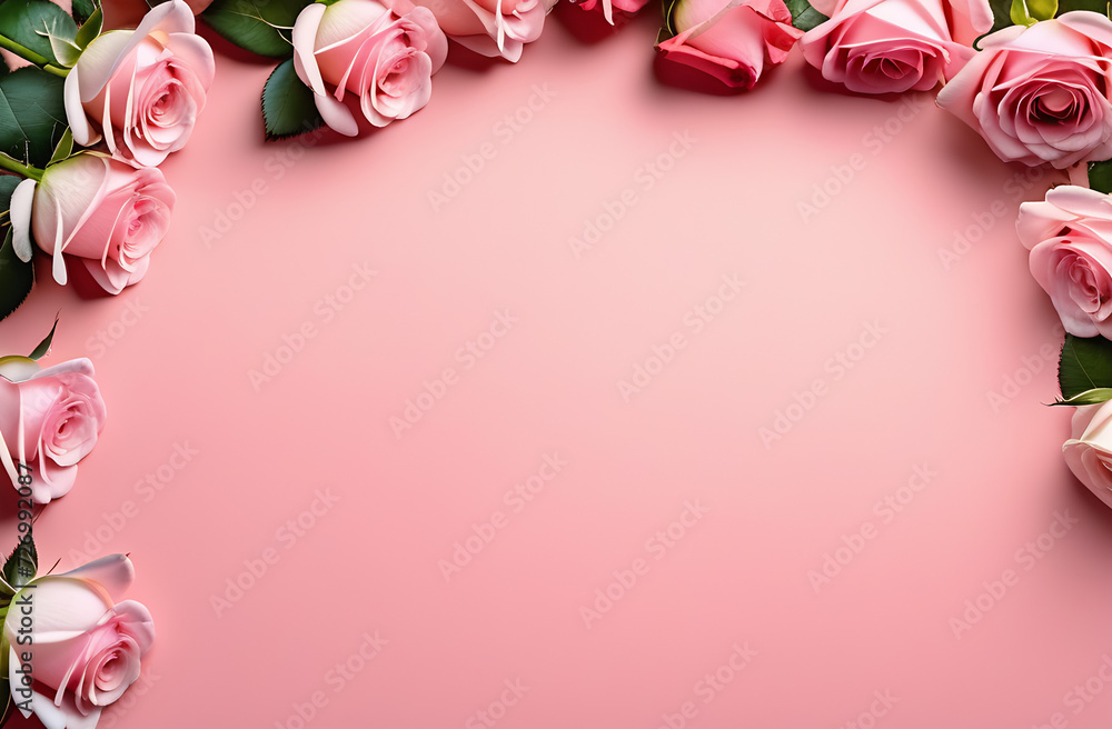 Frame of pastel, light pink roses with free space for text on light pink background, International Day, Women`s Day, 8th March, Valentine`s Day