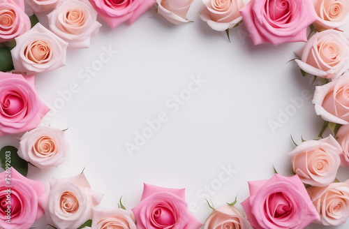 Frame of pastel, light pink roses with free space for text on white background, International Day, Women`s Day, 8th March, Valentine`s Day