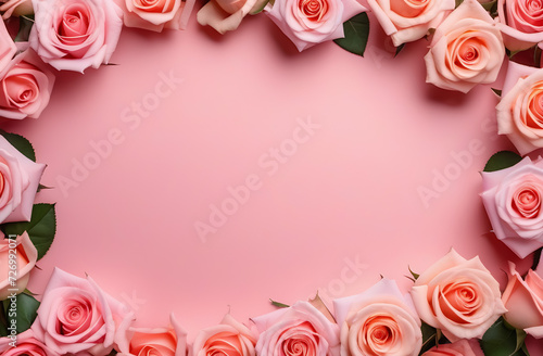 Frame of pastel, light pink roses with free space for text on light pink background, International Day, Women`s Day, 8th March, Valentine`s Day © VVstudio