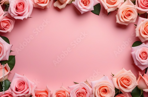 Frame of pastel, light pink roses with free space for text on light pink background, International Day, Women`s Day, 8th March, Valentine`s Day