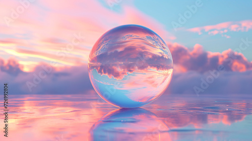 A soap bubble floats among puffy clouds, reflecting the sky's blue and pink hues. © wing