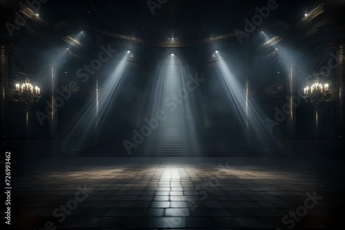 An empty stage lit up by spotlights and surrounded by smoke, with space for messages or logos in stage background. 
