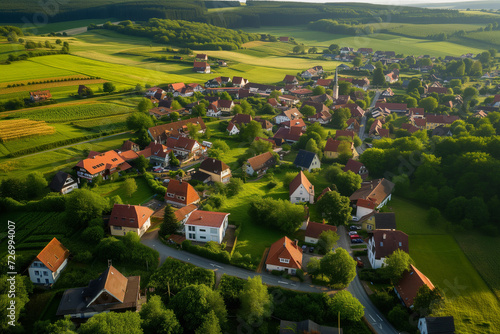 German village, top view, summer landscape with houses and fields