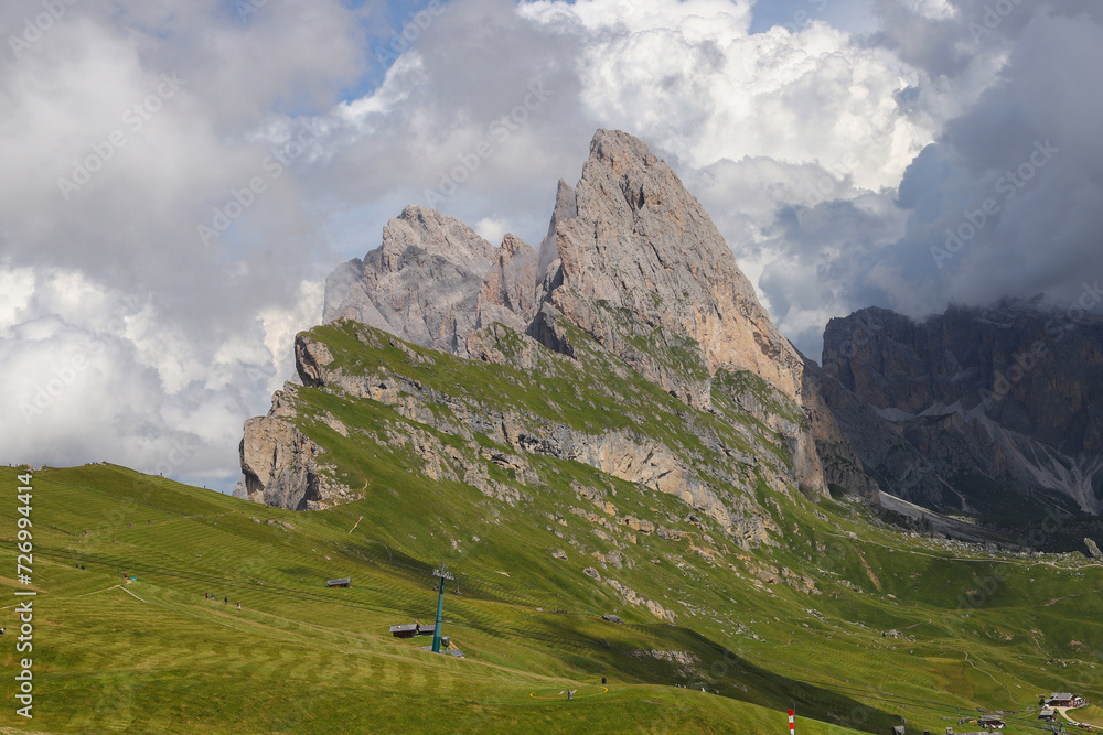 Panorama on Seceda, forcella Pana and the Odles mountains in  Trentino Alto Adige, Dolomites Alps, South Tyrol, Val Gardena, Italy