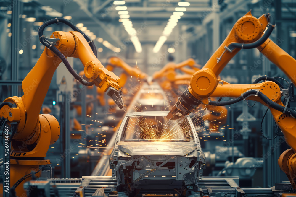 Industrial Robots Welding in Automotive Assembly Line. generative AI Industrial Robots Welding in Automotive Assembly Line. generative AI