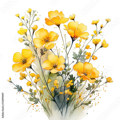 cute tiny yellow flowers, watercolor painting Texture de fleurs naturel on transparent background PNG