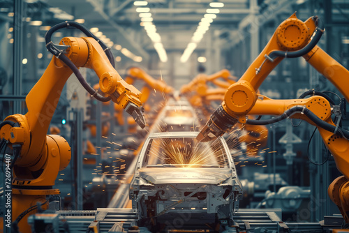 Industrial Robots Welding in Automotive Assembly Line. generative AI photo