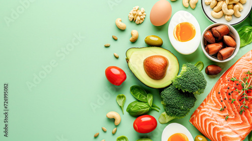 A nutritious selection of keto diet ingredients including fresh salmon, avocado, eggs, and vegetables arranged on a vibrant green background. © Kowit