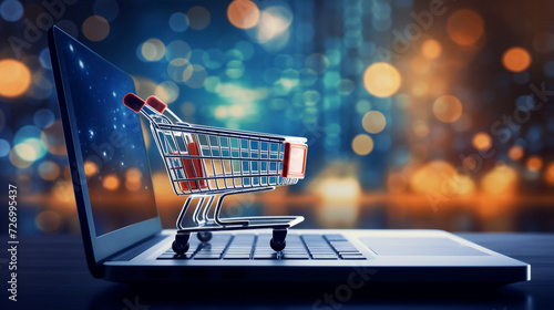 Online shoppers can easily compare laptop prices and add items to their carts before making a purchase,  paper boxes parcel in a cart trolley on laptop in shopping online, Online shopping, digital s photo