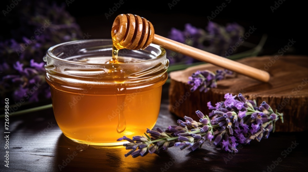 Honey in a glass jar, fragrant lavender flowers on the table. Alternative medicine. A natural, delicious product. Healthy sweets. Honey in a glass jar, fragrant lavender flowers on the table. Alternative medicine. A natural, delicious product. Healthy sweets.