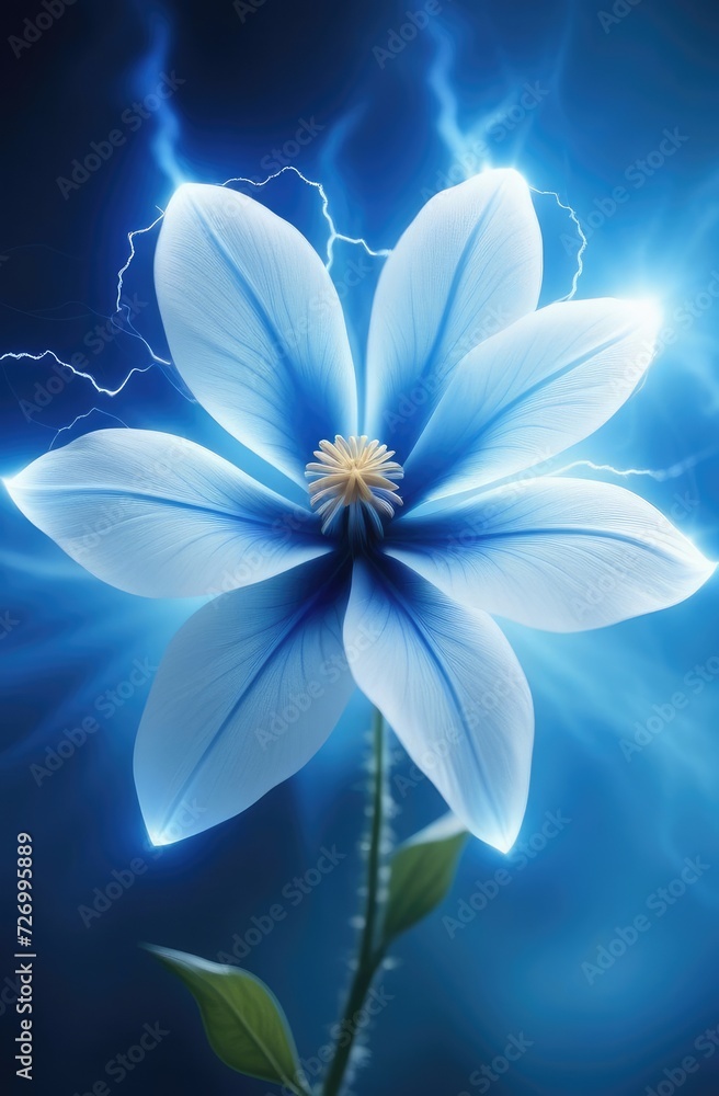 Fototapeta premium white flower on blue background. Blue flower, magical, fabulous, fantasy style, blurred hazy outlines, highly detailed electricity, dynamic close-up.