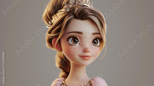 A stunning cartoon girl with a tiara adorns a vibrant 3D headshot illustration, her expressive eyes sparkling with joy. Dressed in a mesmerizing blush pink gown, she exudes elegance and grac photo
