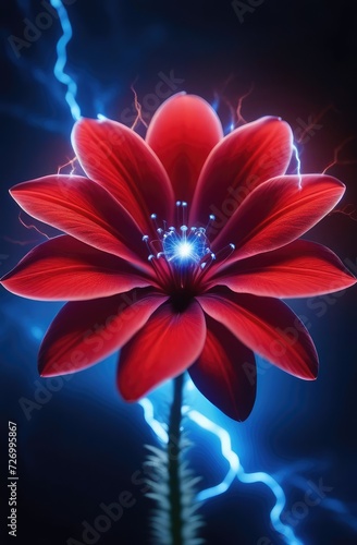 red dahlia flower. Scarlet flower. fantasy style, blurry foggy outlines, highly detailed electricity, dynamic close-up,