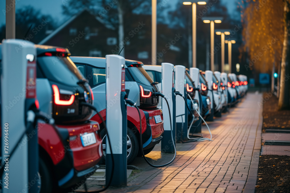 Obraz premium Electric Cars at a Charging Station. generative AI