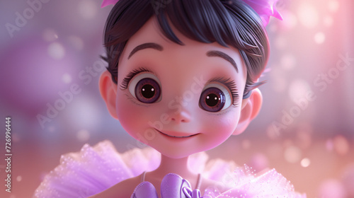 Adorable ballet girl with a charming smile, donning ballet slippers and a dreamy lilac tutu in this delightful 3D headshot illustration. Perfect for children's books, dance-themed designs, o