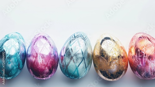 Artistic Easter Eggs with Patterns. Easter eggs with intricate patterns and metallic accents on a white surface.