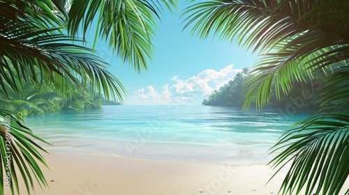 Tropical Beach Paradise Realism. A hyperrealistic tropical beach paradise with crystal clear waters and lush palms. © Oksana Smyshliaeva