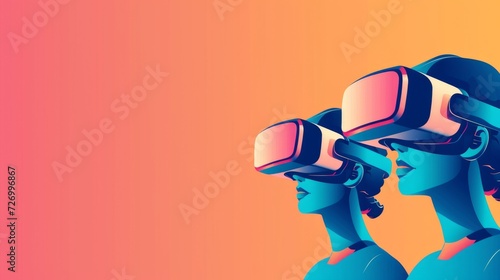 Women in VR Headsets Exploring Virtual World. Two women wearing VR glasses, immersed in a vibrant virtual reality experience.