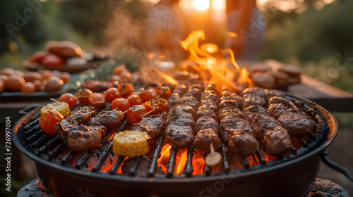 Meat grilled on a grill with hot flames, blurred nature background
