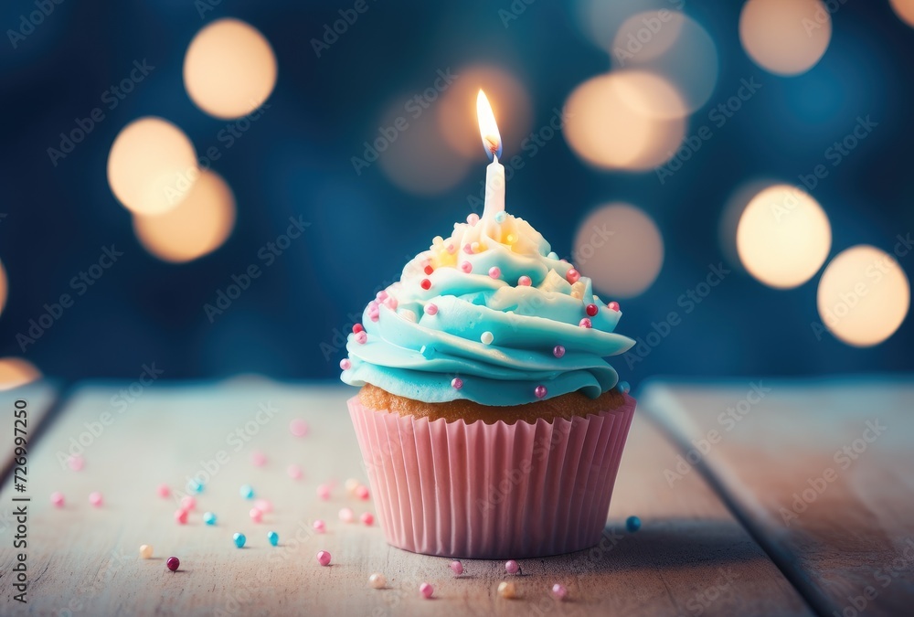 Festive Cupcake with Pink Frosting and Lit Candle on Wood Surface Generative AI Festive Cupcake with Pink Frosting and Lit Candle on Wood Surface Generative AI