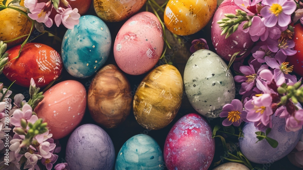 Obraz premium Assorted Easter Eggs with Flower Accents. Assortment of Easter eggs adorned with floral accents on a dark background.