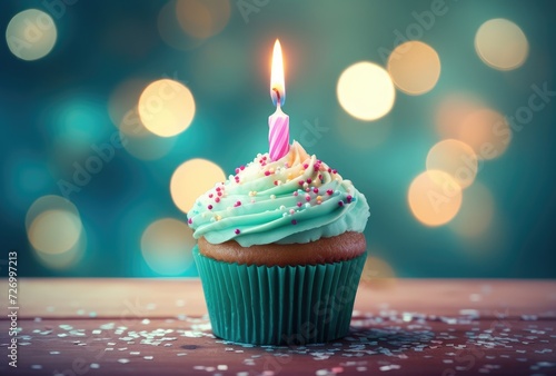 Single Birthday Cupcake with Colorful Sprinkles and Lit Candle Generative AI