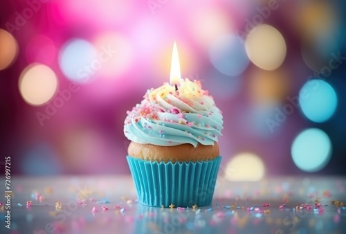 Glowing Birthday Cupcake with Pink Frosting and Sprinkles Generative AI
