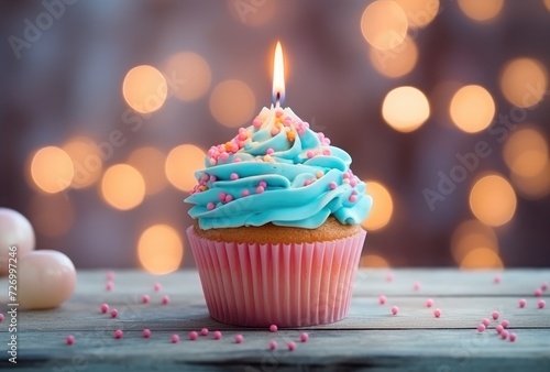 Festive Cupcake with Pink Frosting and Lit Candle on Wood Surface Generative AI