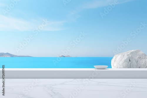 Minimalist seaside terrace with white bowl on a sunny day