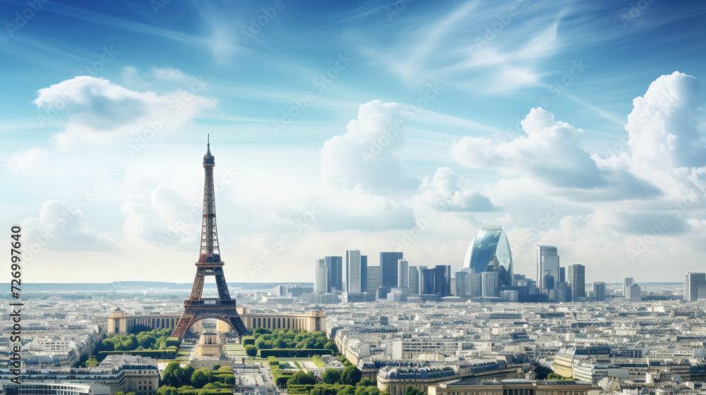Majestic eiffel tower standing above paris skyline on a sunny day