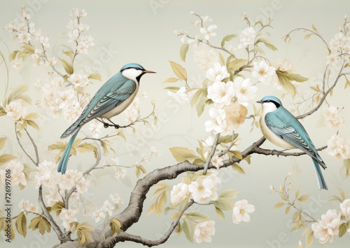 Vintage illustration of two birds on flowering branches with pastel background © Robert Kneschke