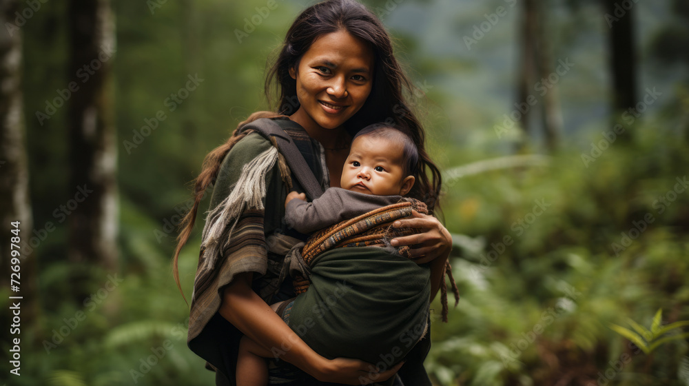 Loving mother holding her baby in a forest, family bonding time