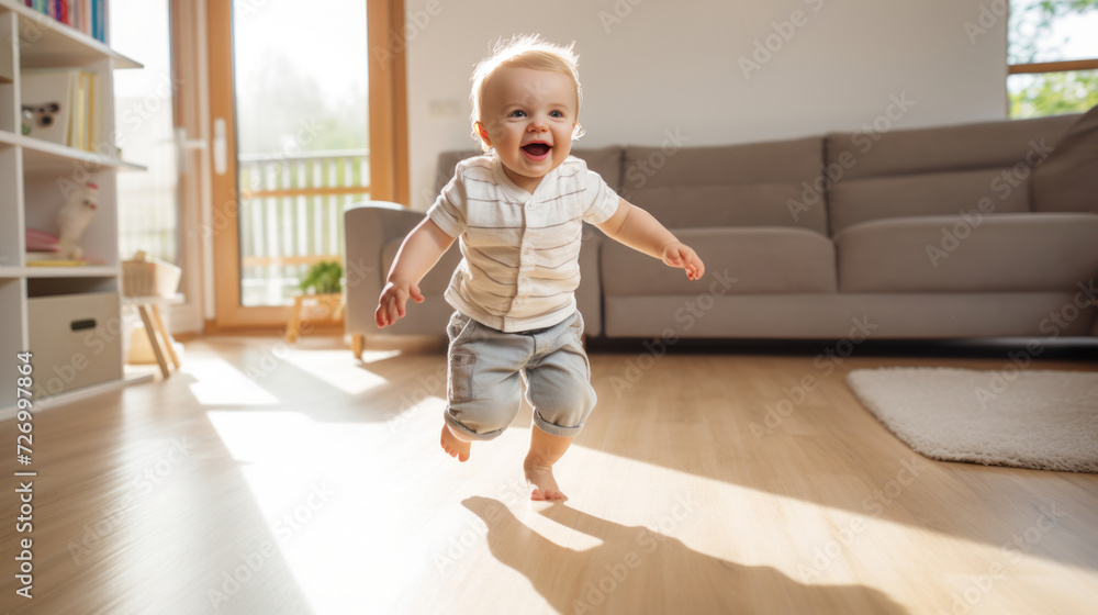 Joyful baby taking first steps in sunlit living room at home
