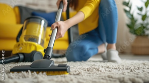 Vacuum cleaner, Caucasian female cleaning service worker vacuums rug in living room. Concept of cleaning and disinfection in modern apartments.