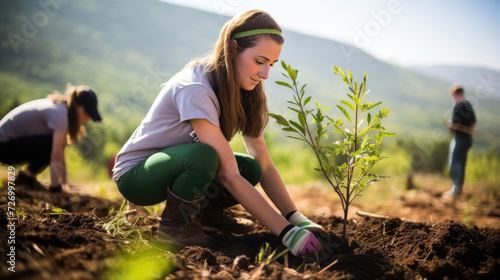 Volunteers planting trees in outdoor reforestation campaign activity photo