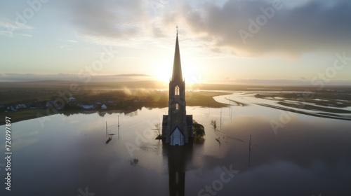 Leinwand Poster Serene sunrise over flooded landscape with isolated church spire