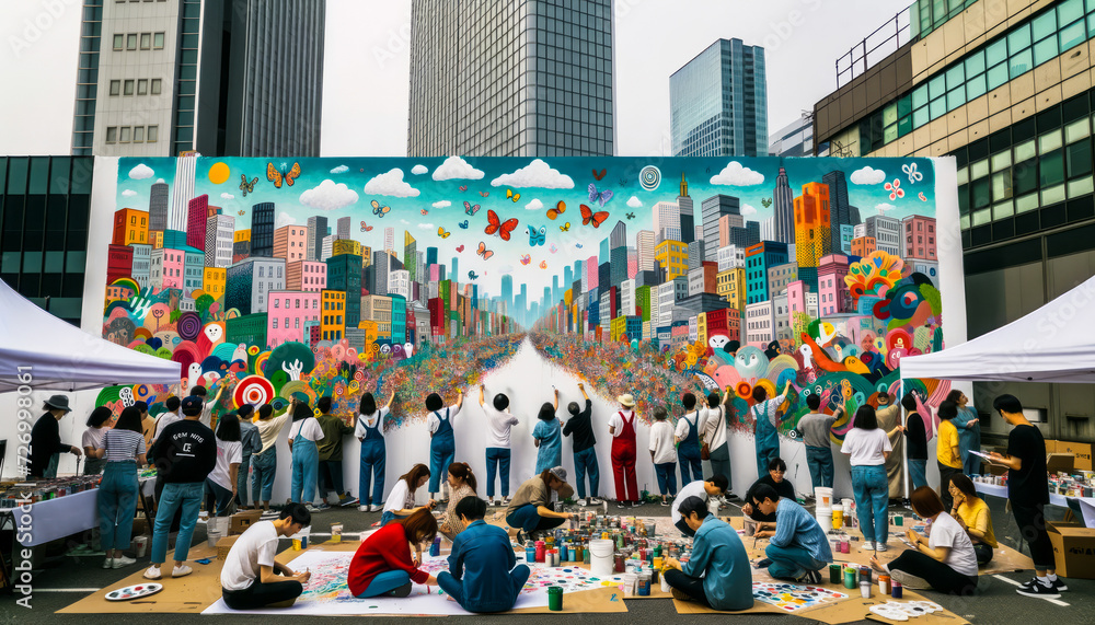 Obraz premium Colors of Community: Residents Join Brushes to Craft a Mural, Echoing Unity, Artistry, and Shared Visions on City Walls