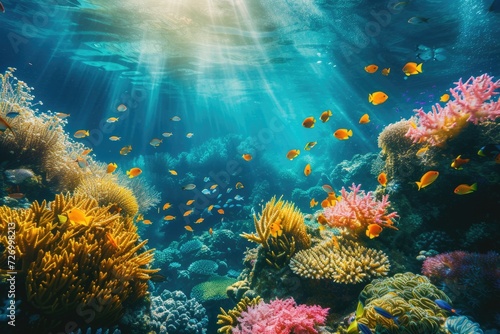 An underwater coral reef scene, diverse marine life, vivid colors, showcasing the beauty and diversity of ocean life. Underwater photography, coral reef ecosystem, diverse marine life,. Resplendent. © Summit Art Creations