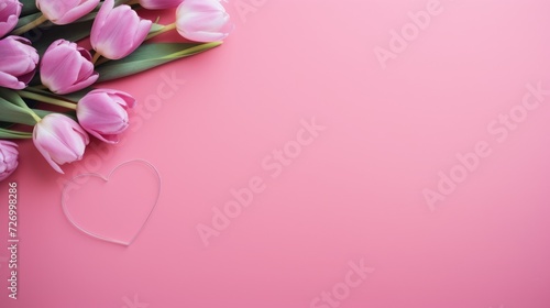 Pink tulips with fresh green leaves on a pink background. Beautiful background for a holiday, valentine's day, women's day. An empty space for the text. © Cherkasova Alie