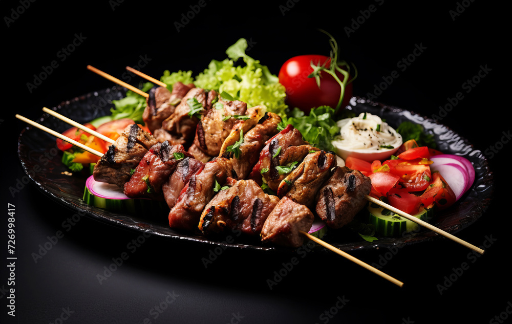 Grilled skewered meat with fresh salad on elegant plate