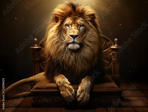 Lion sitting in front of a sunbeam on a wooden platform with crown