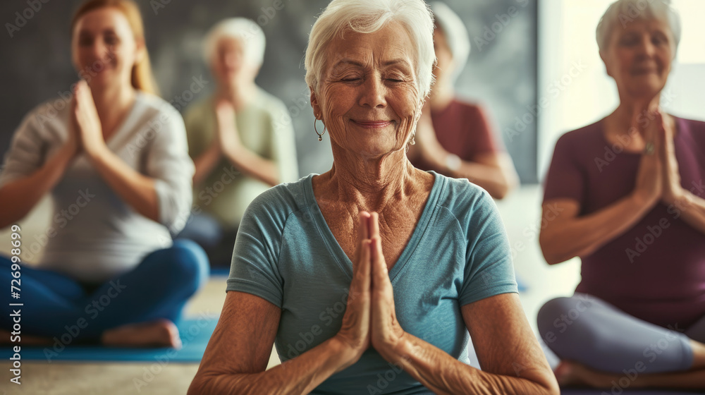 Seniors participating in a yoga class. Diverse group, gentle poses. Smiles and relaxation. Active aging, well-being focus. - obrazy, fototapety, plakaty 