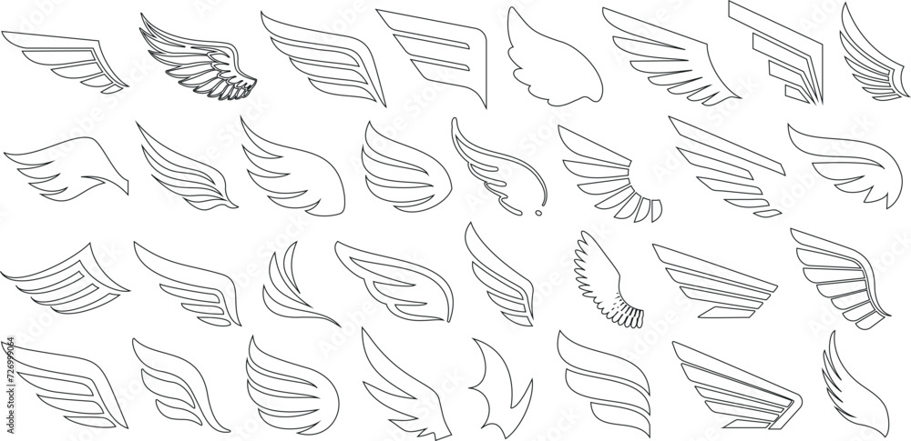 Fototapeta premium Wing vector set, angel, bird, fairy styles. Perfect for tattoo, logo design, decorative elements. Hand drawn, detailed, abstract wings illustrations.